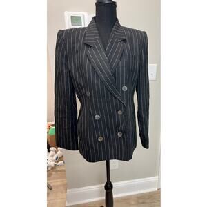 Vintage 1980 Women Cinched Blazer Double Breasted Linen Stripe Shoulder Pads 8P